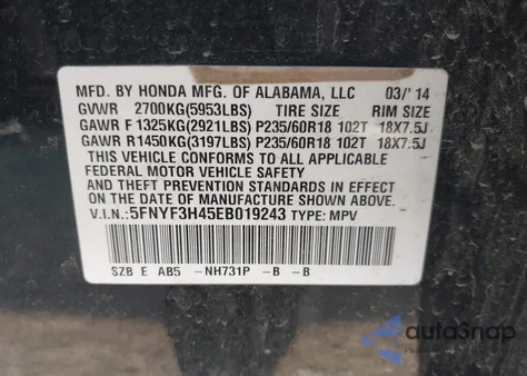 2014 Honda Pilot Ex z USA, uszkodzony, nr VIN 5FNYF3H45EB019243